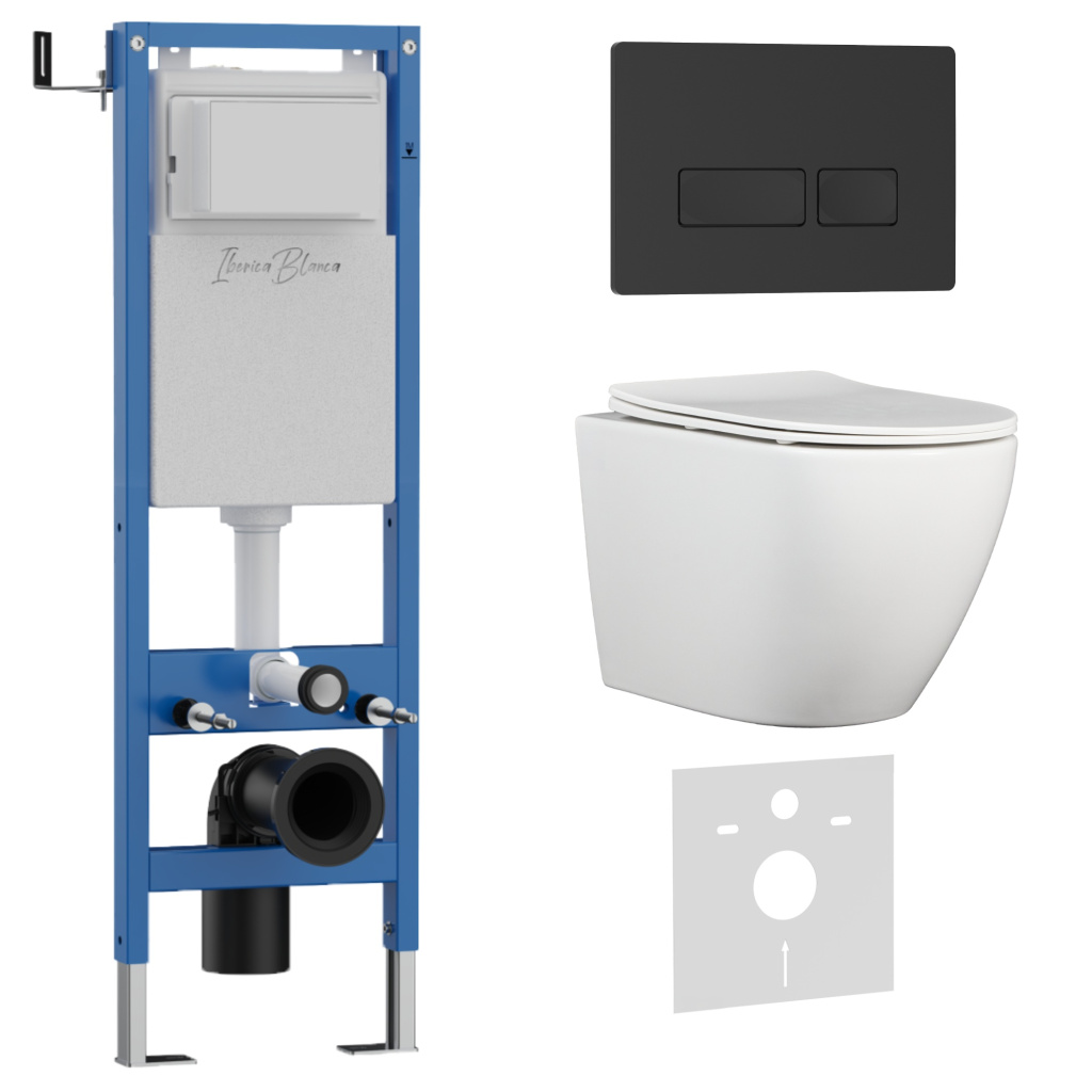 Комплект 3в1 IBERICA BLANCA инсталляция SILENCIO MINI, унитаз BILBAO ALTO белый, кнопка смыва ESTI-R черный матовый (IB.001M.BLA.234.212)