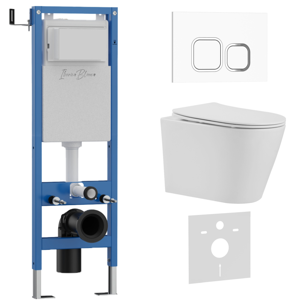 Комплект 3в1 IBERICA BLANCA инсталляция SILENCIO MINI, унитаз BURGOS ALTO белый, кнопка смыва ESTI-Q белый глянцевый (IB.001M.BRA.234.831)