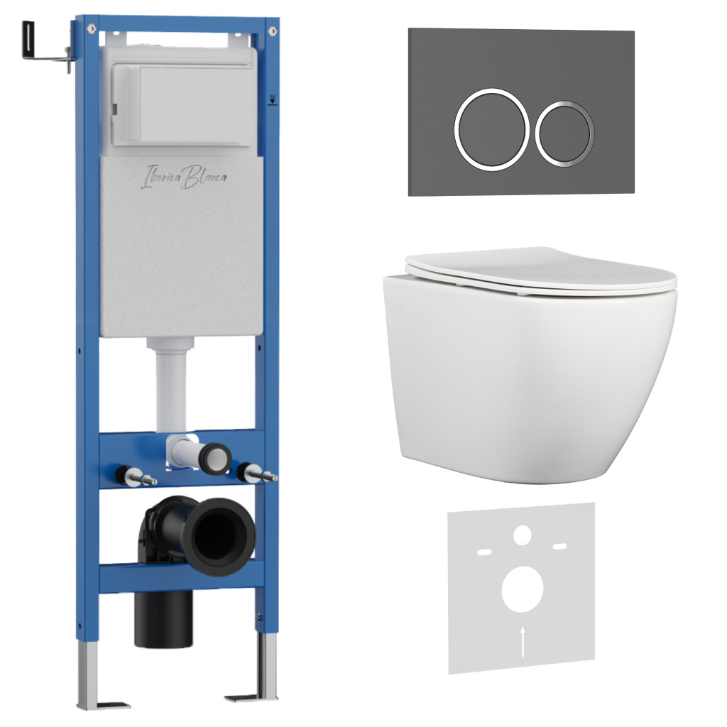 Комплект 3в1 IBERICA BLANCA инсталляция SILENCIO MINI, унитаз BILBAO ALTO белый, кнопка смыва ESTI-O серый матовый (IB.001M.BLA.234.827)