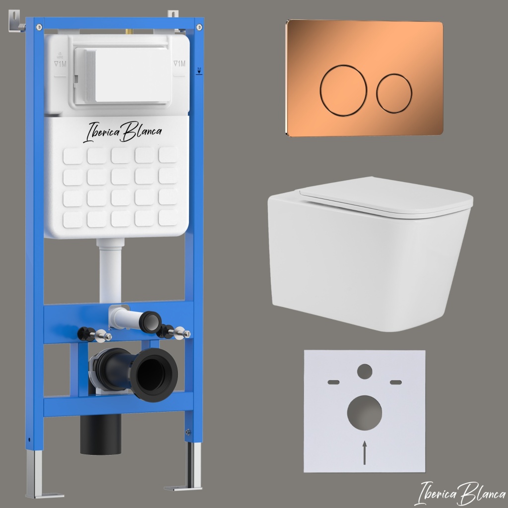 Комплект 3в1 IBERICA BLANCA инсталляция SILENCIO, унитаз TOLEDO ALTO белый, кнопка смыва INOX-О розовое золото глянцевое (IB001.TLA.234.8171)