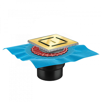 Трап водосток ZENTRUM Norma 150х150, золото глянец, выпуск D50/75/110 H74 вертикальный, BERGES