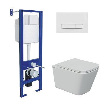 Комплект: инсталляция АТОМ Line кнопка белая, унитаз FLOE S Rimless 51 см, сидение дюропласт Floe S 