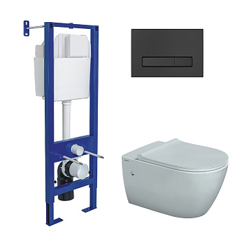 Комплект: инсталляция АТОМ Line кнопка черная SoftTouch, унитаз MASCON Rimless, сидение дюропласт ми