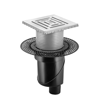 Трап водосток PLATZ Uno 150х150, матовый хром, S-сифон D50/105 H50 вертикальный, BERGES