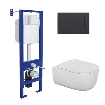 Комплект: инсталляция АТОМ кнопка черная SoftTouch, унитаз EGO XL Rimless, сидение дюропласт микроли