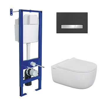 Комплект: инсталляция АТОМ Line кнопка черная/хром, унитаз Ego XL Rimless  см, сиденье микролифт быс