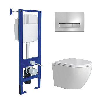 Комплект: инсталляция АТОМ Line кнопка хром глянец, унитаз OKUS Rimless 49 см, сиденье дюропласт мик