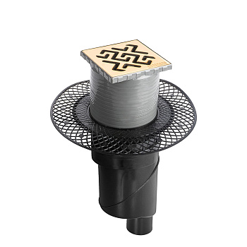 Трап водосток PLATZ Antik 100х100, золото глянец, S-сифон D50/105 H50 вертикальный, BERGES