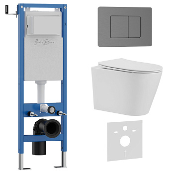 Комплект 3в1 IBERICA BLANCA инсталляция SILENCIO MINI, унитаз BURGOS ALTO белый, кнопка смыва INOX-C вороненая сталь (IB.001M.BRA.234.1180)