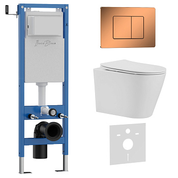 Комплект 3в1 IBERICA BLANCA инсталляция SILENCIO MINI, унитаз BURGOS ALTO белый, кнопка смыва INOX-C розовое золото глянцевое (IB.001M.BRA.234.1141)