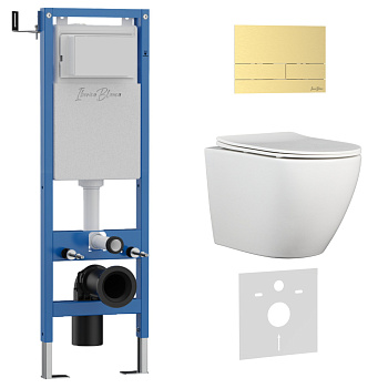 Комплект 3в1 IBERICA BLANCA инсталляция SILENCIO MINI, унитаз BILBAO ALTO белый, кнопка смыва INOX-S золото матовое (IB.001M.BLA.234.1603)