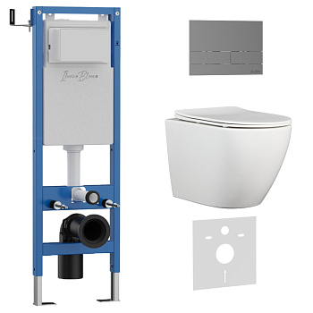 Комплект 3в1 IBERICA BLANCA инсталляция SILENCIO MINI, унитаз BILBAO ALTO белый, кнопка смыва INOX-S вороненая сталь (IB.001M.BLA.234.1602)